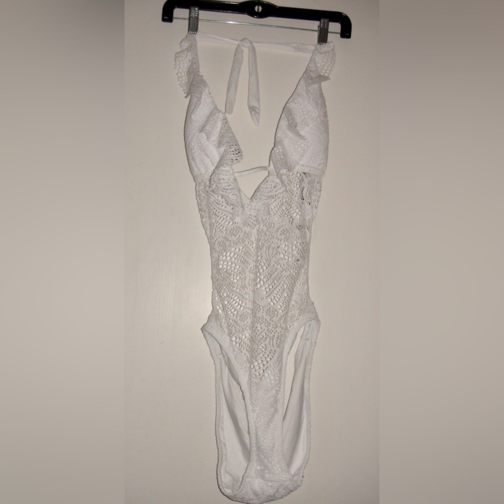 Polo Ralph Lauren White Ruffle-Trim Crochet Monokini Bathing Suit - Picture 4 of 5